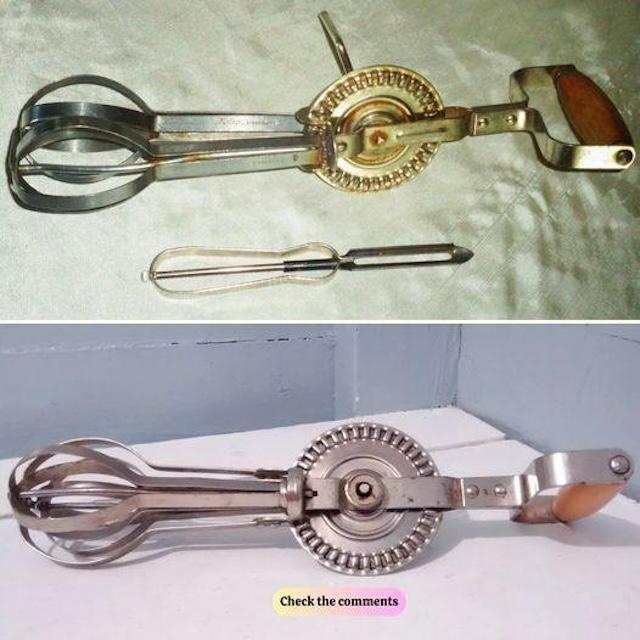 A classic vintage hand-crank egg beater, showcasing its intricate gear mechanism and sturdy metal beaters, which were essential in every kitchen before electric mixers came along