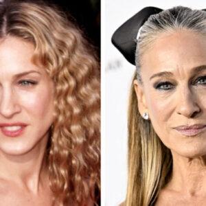 A striking transformation: Sarah Jessica Parker’s journey from her iconic curly-haired days on Sex and the City to her sophisticated, sleek look today.